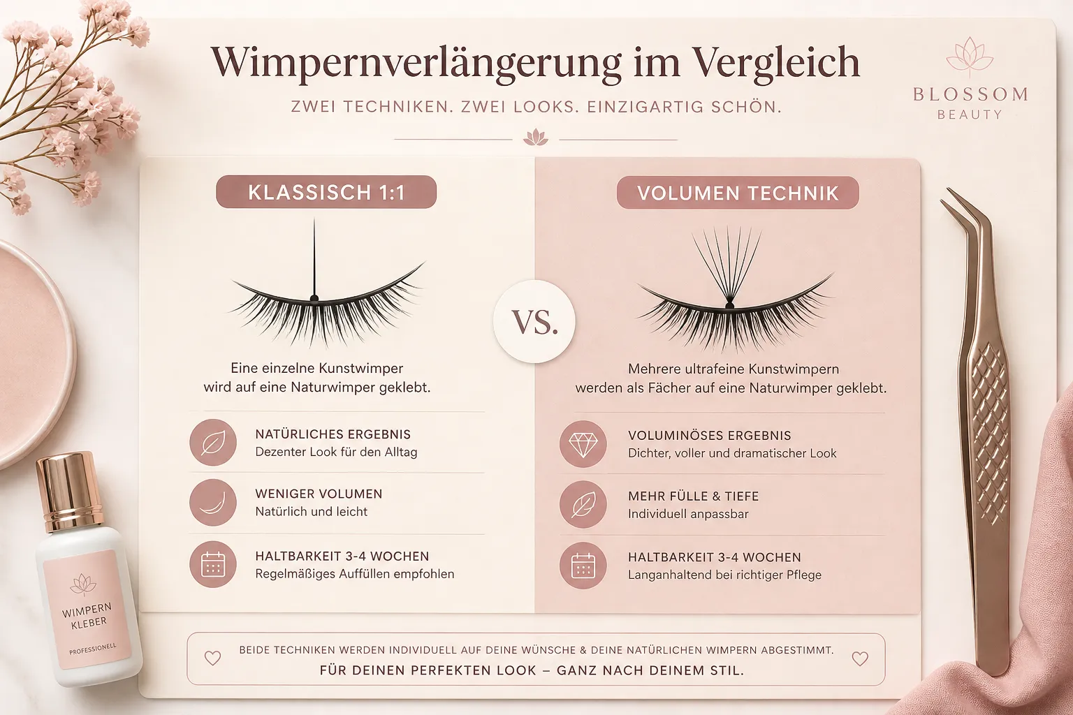 () informational beauty infographic showing two columns labeled 'Klassisch 1:1' and 'Volumen Technik' with illustrated lash