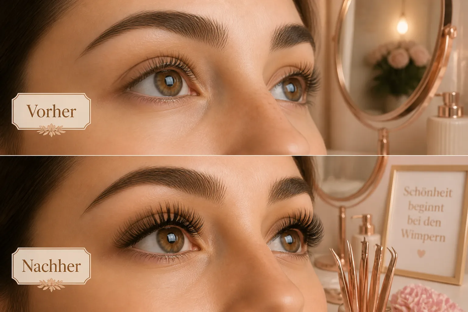 () warm beauty studio interior scene showing a before-and-after split composition of natural lashes versus voluminous