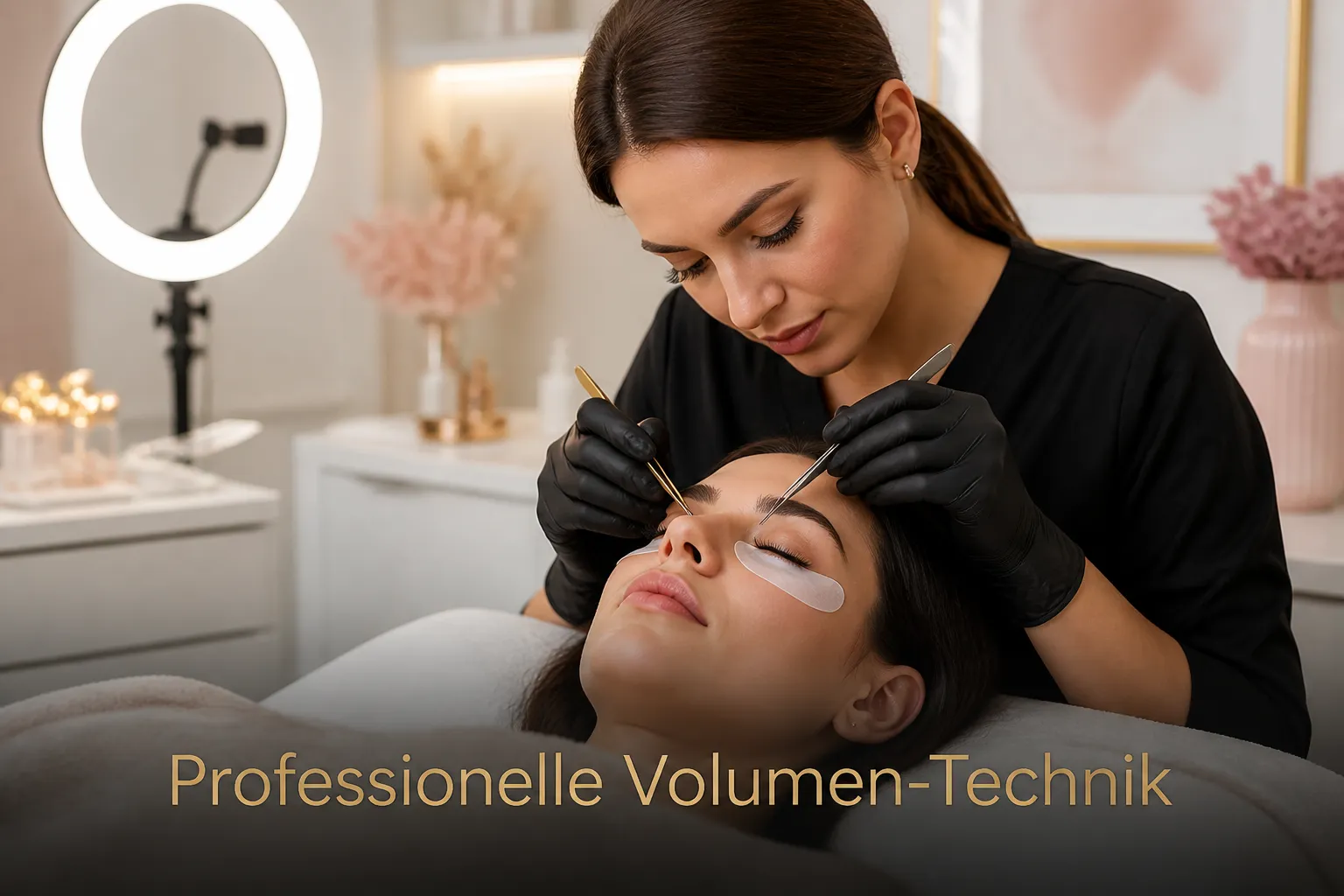 () image showing a professional lash artist at work in a modern beauty studio, applying volume lash extensions with