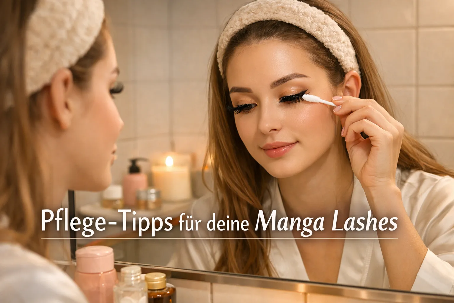 Detailed () lifestyle image of a woman in her late 20s gently cleansing her anime-style lash extensions with a soft spoolie