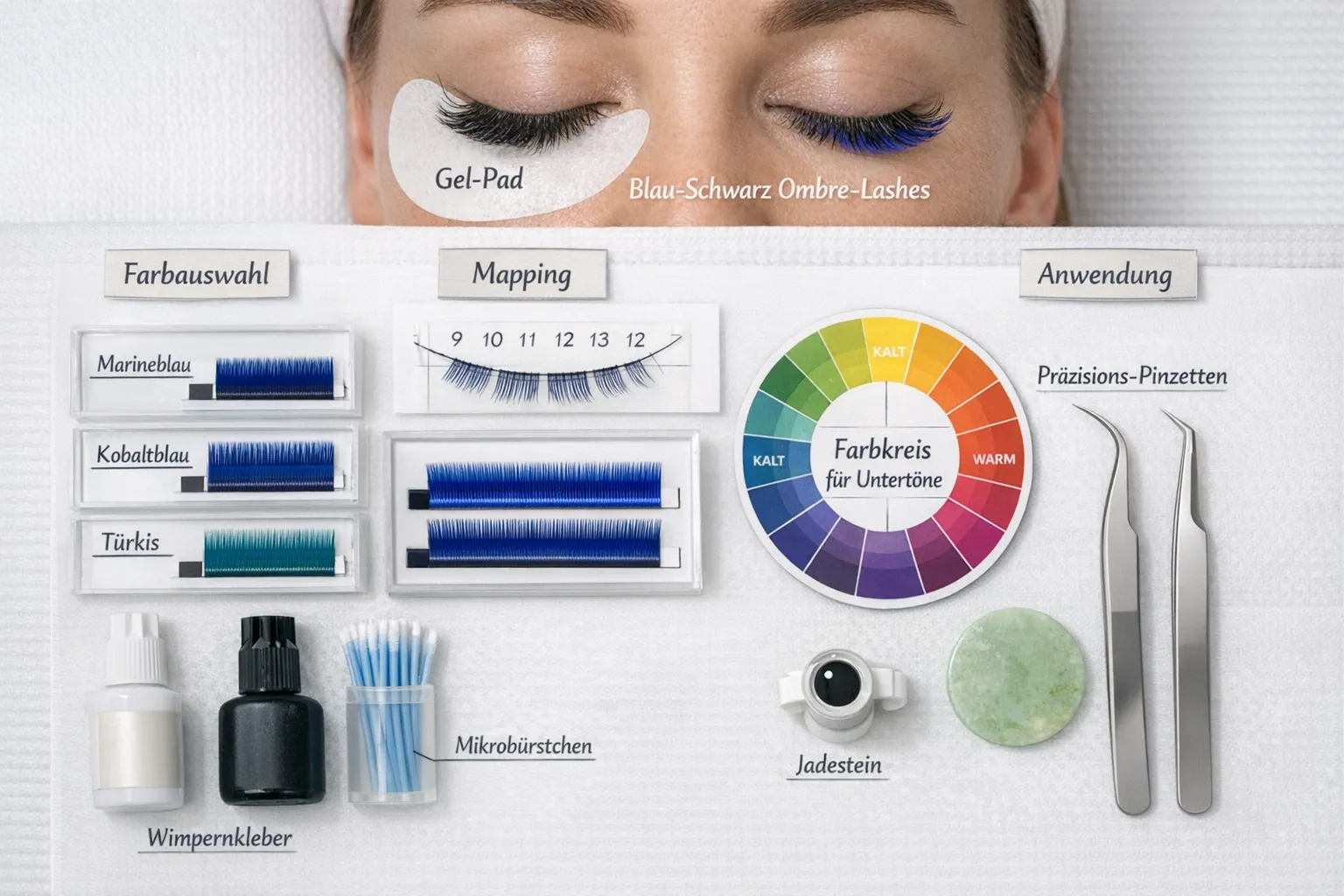 Detailed () image depicting professional lash artist's workspace during blue lash extension application. Overhead flat-lay