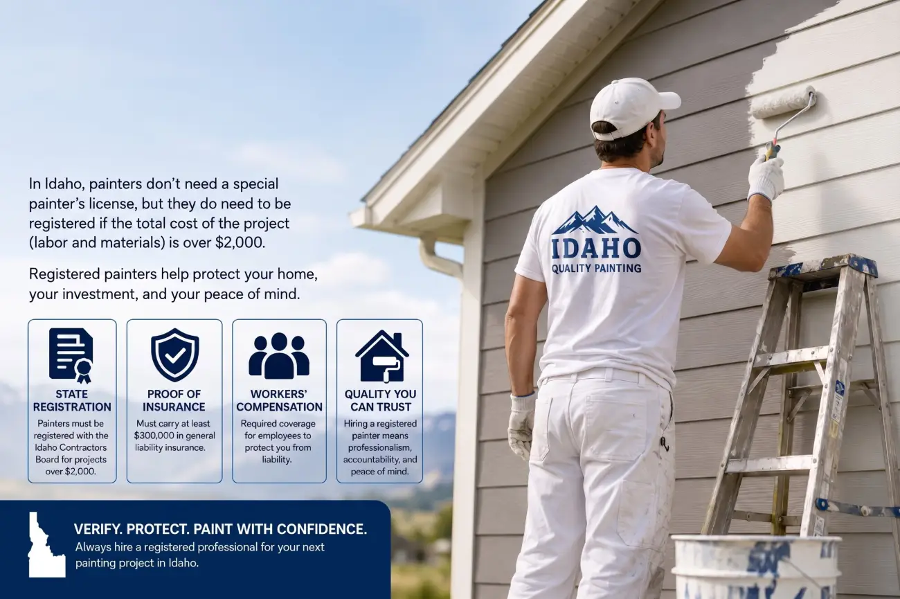 idaho-painter-license-vs-registration-requirements-projects-over-2000-idaho-builders-guide Comprehensive infographic from Builders Idaho (BuildersIdaho.com) providing an essential guide to Idaho painter license vs. registration requirements. It poses and answers the critical question, 'Do You Need a License to Be a Painter in Idaho?', clarifying that while a special license isn't required, registration with the Idaho Contractors Board is mandatory for any painting project (labor and materials) exceeding $2,000. The image features a detailed visual of a professional painter on a ladder with 'IDAHO QUALITY PAINTING' branding, along with informational panels on State Registration, $300,000 General Liability Insurance, Workers' Compensation coverage, and Quality You Can Trust standards. A final call-to-action urges homeowners to 'VERIFY. PROTECT. PAINT WITH CONFIDENCE.' and 'Always hire a registered professional' in Idaho.