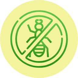 Green ant crossed out by a prohibition symbol on a pale yellow circular background
