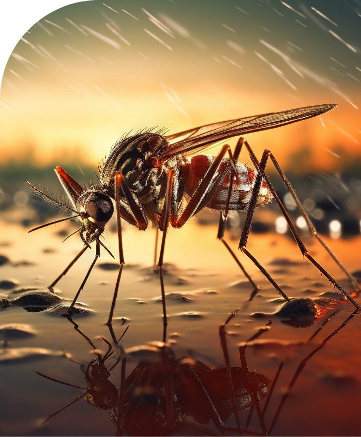 Close-up of a mosquito standing on a wet reflective surface with warm sunset background