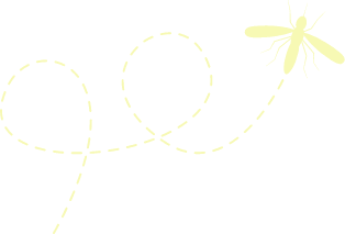 Yellow-green stylized mosquito with looping dashed flight trail on a transparent background