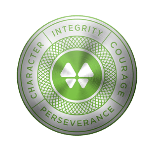 Green and silver circular emblem with four-petal symbol; Character Integrity Courage Perseverance — Waynes Pest Control logo