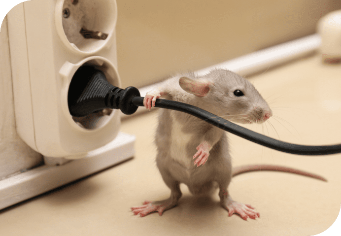 Rodent clutching and nibbling an electrical cord next to a wall outlet on a floor