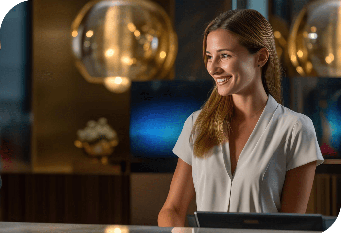 Smiling hotel receptionist standing at check-in desk with warm pendant lights in the background
