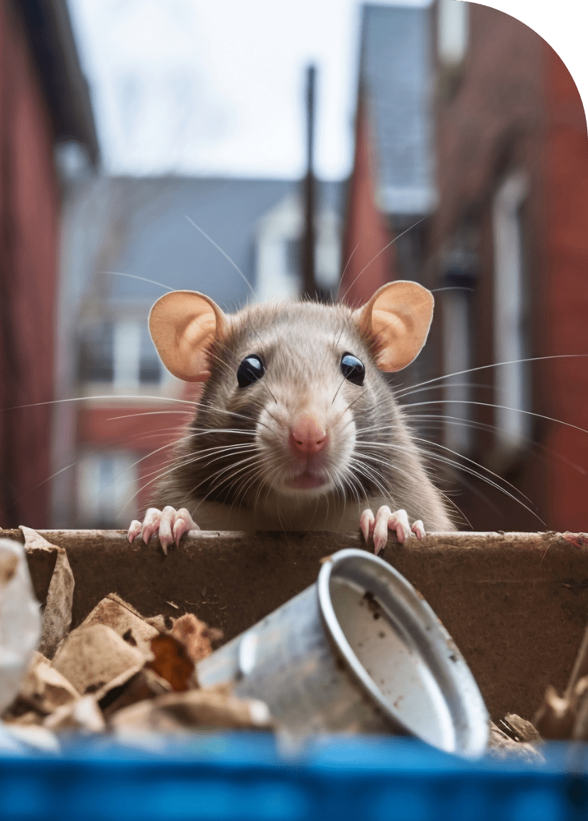 Rodent peering over a trash-filled container with a discarded can and paper debris in an alley
