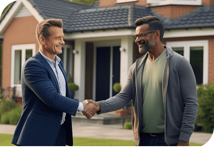 Two men shaking hands in front of a newly constructed house