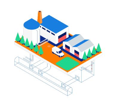 Isometric illustration of an industrial site with two buildings, a silo, a delivery van, trees and underground pipelines.