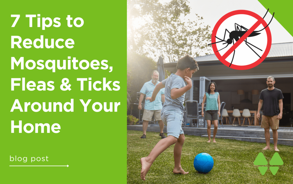 Child kicking a blue soccer ball in a backyard with family, overlaid no-mosquito symbol and green text panel reading '7 Tips'