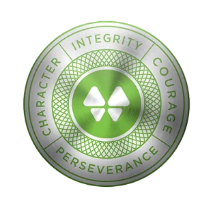 Green and silver circular emblem with four-petal symbol; Character Integrity Courage Perseverance — Waynes Pest Control logo