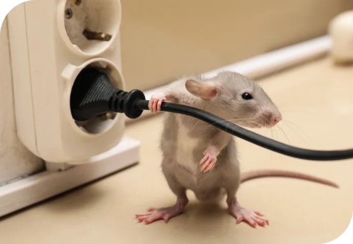 Rodent clutching and nibbling an electrical cord next to a wall outlet on a floor