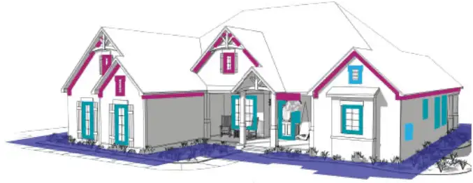 Architectural rendering of a single-story house with teal window accents, magenta trim, and a landscaped walkway