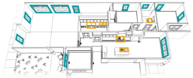 3D floor plan of a house with teal window highlights and several yellow-marked treatment points