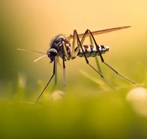 Close-up of a mosquito standing on grass with a soft, blurred yellow background