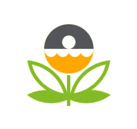 Stylized circular flower icon with gray upper semicircle, yellow scalloped lower half and three green leaves
