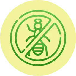 Green ant crossed out by a prohibition symbol on a pale yellow circular background