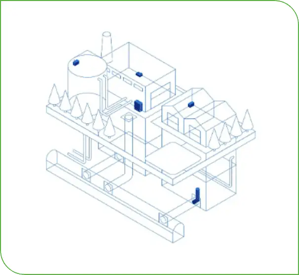 Isometric line drawing of industrial buildings, a storage tank, trees and connected underground pipes