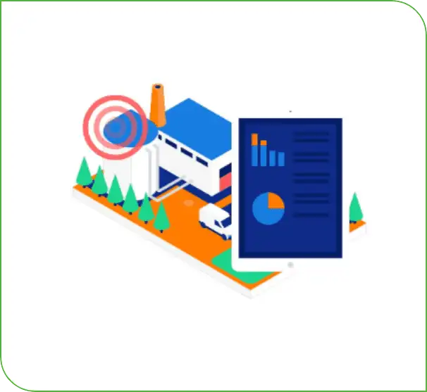 Isometric illustration of a building with trees and truck, a target marker, and a tablet displaying charts