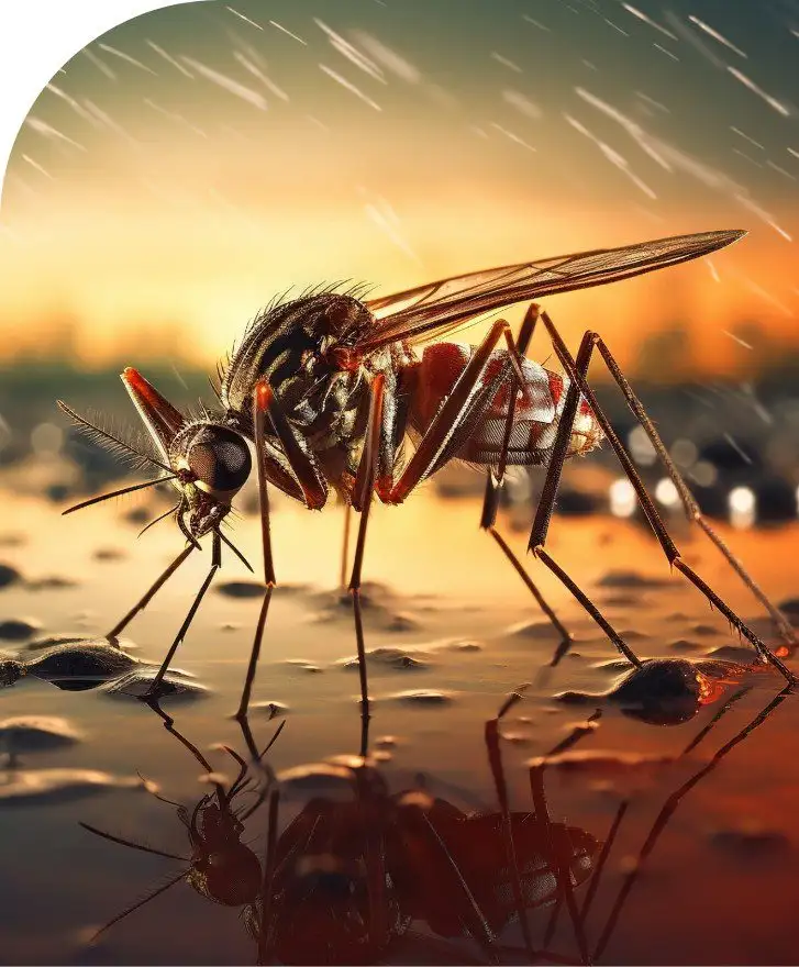 Close-up of a mosquito standing on a wet reflective surface with warm sunset background