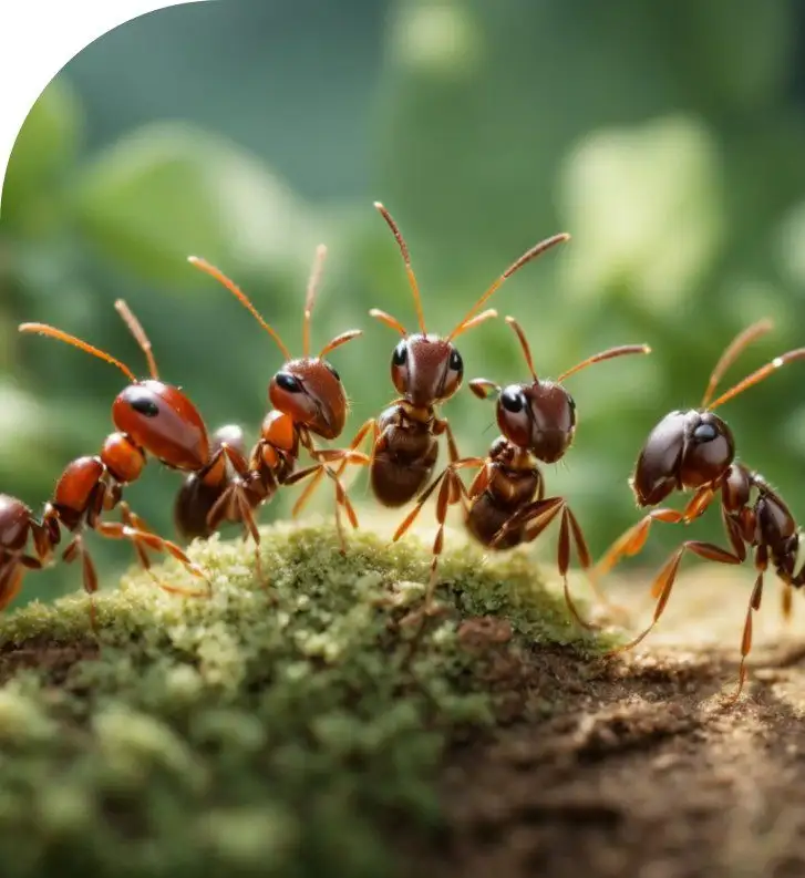 Close-up of red ants lined along a mossy log with a blurred green background