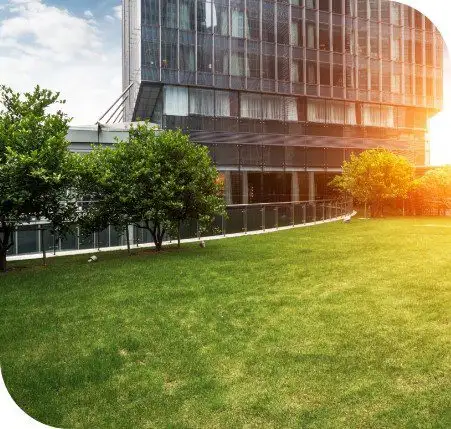 Modern glass commercial building beside a sunlit lawn with small trees and a glass railing