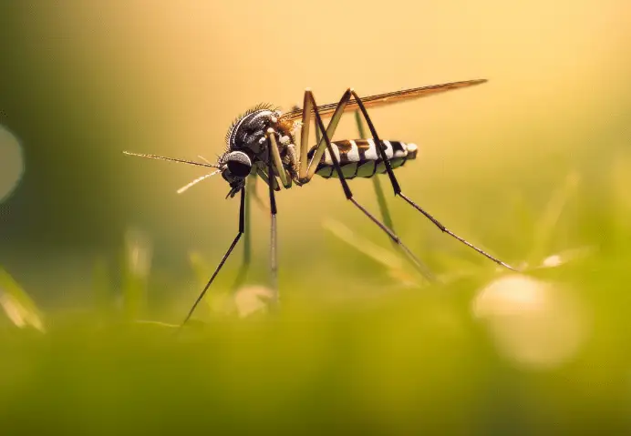 Close-up of a mosquito resting on a blade of grass, showing striped abdomen and long legs against a soft background