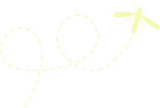 Yellow-green stylized mosquito with looping dashed flight trail on a transparent background