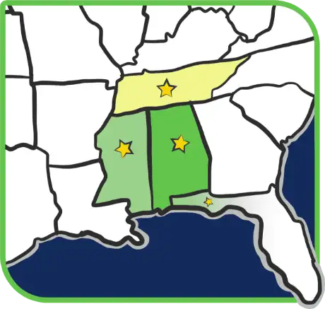 Map highlighting Tennessee, Mississippi, Alabama, with a star on the Florida panhandle indicating service area