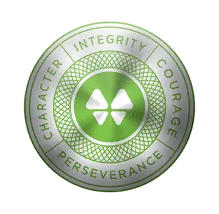 Green and silver circular emblem with four-petal symbol; Character Integrity Courage Perseverance — Waynes Pest Control logo