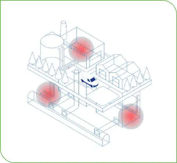 Isometric industrial site with buildings, pipes and a truck, red hotspots marking targeted exterior treatment areas