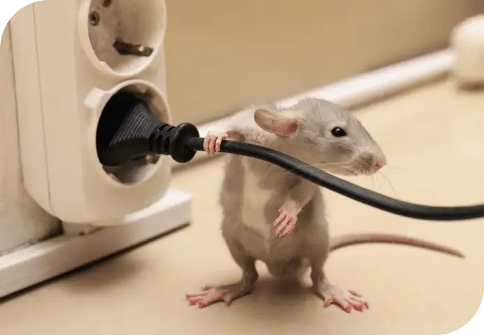 Rodent clutching and nibbling an electrical cord next to a wall outlet on a floor