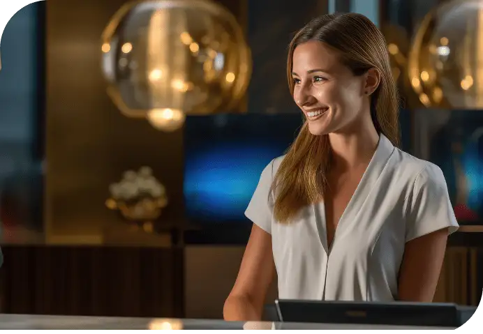 Smiling hotel receptionist standing at check-in desk with warm pendant lights in the background
