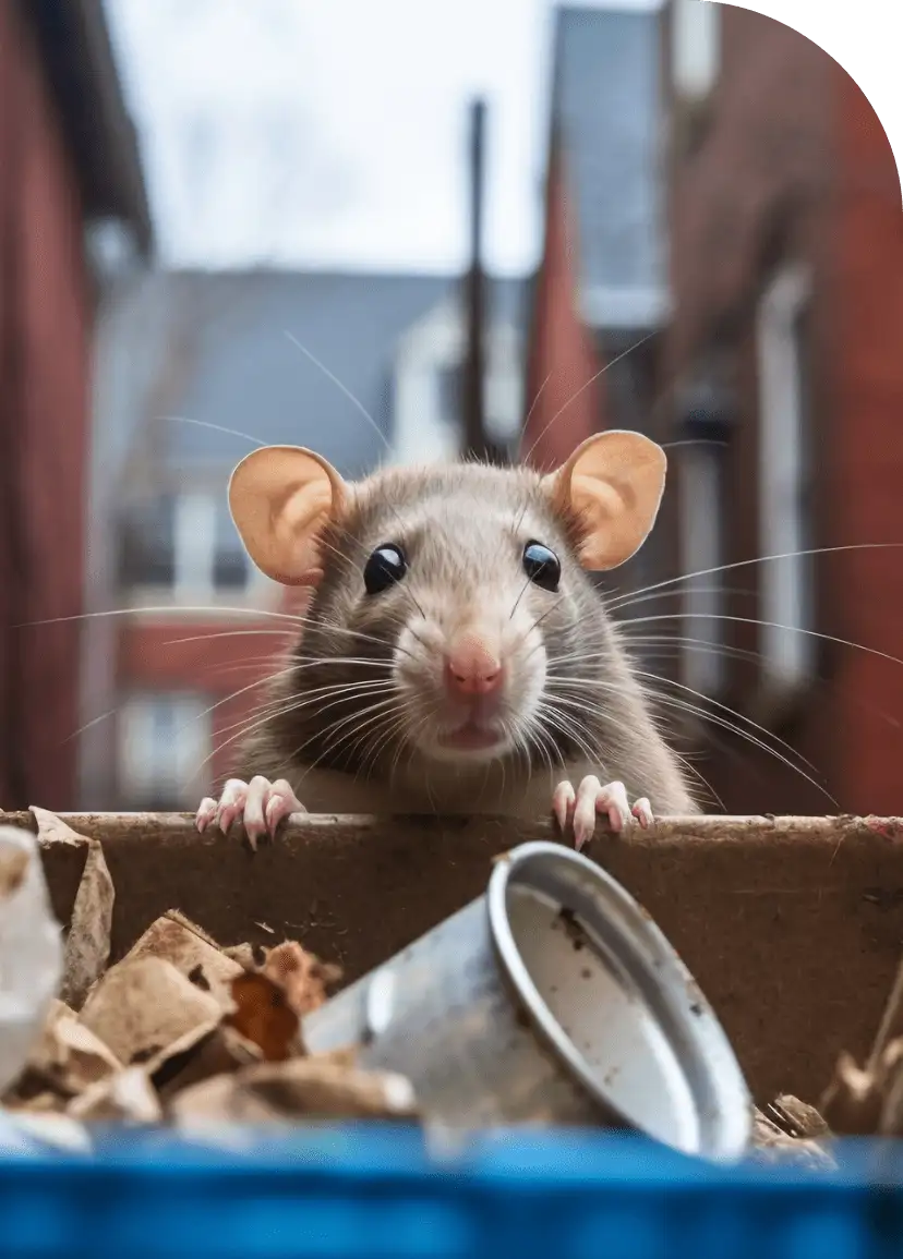 Rodent peering over a trash-filled container with a discarded can and paper debris in an alley