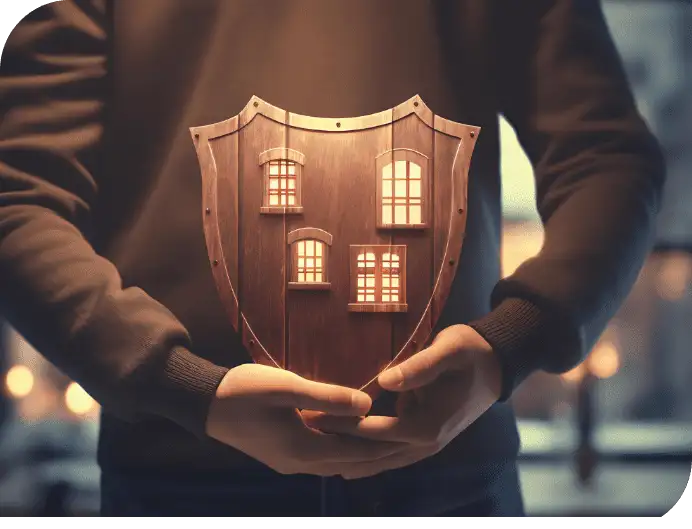 Hands holding a wooden shield shaped like a house with illuminated windows