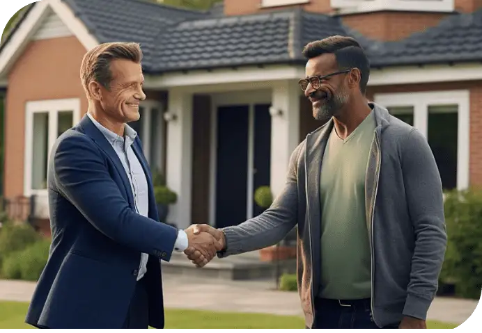 Two men shaking hands in front of a newly constructed house