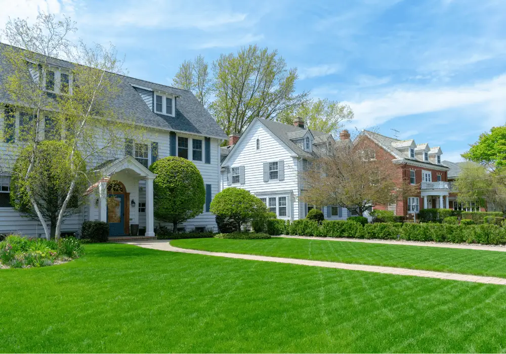 Suburban homes with a wide green lawn, trimmed shrubs and a curved walkway under a blue sky