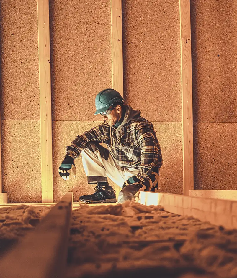 Worker in hard hat and gloves inspecting insulation in a framed crawl space for encapsulation