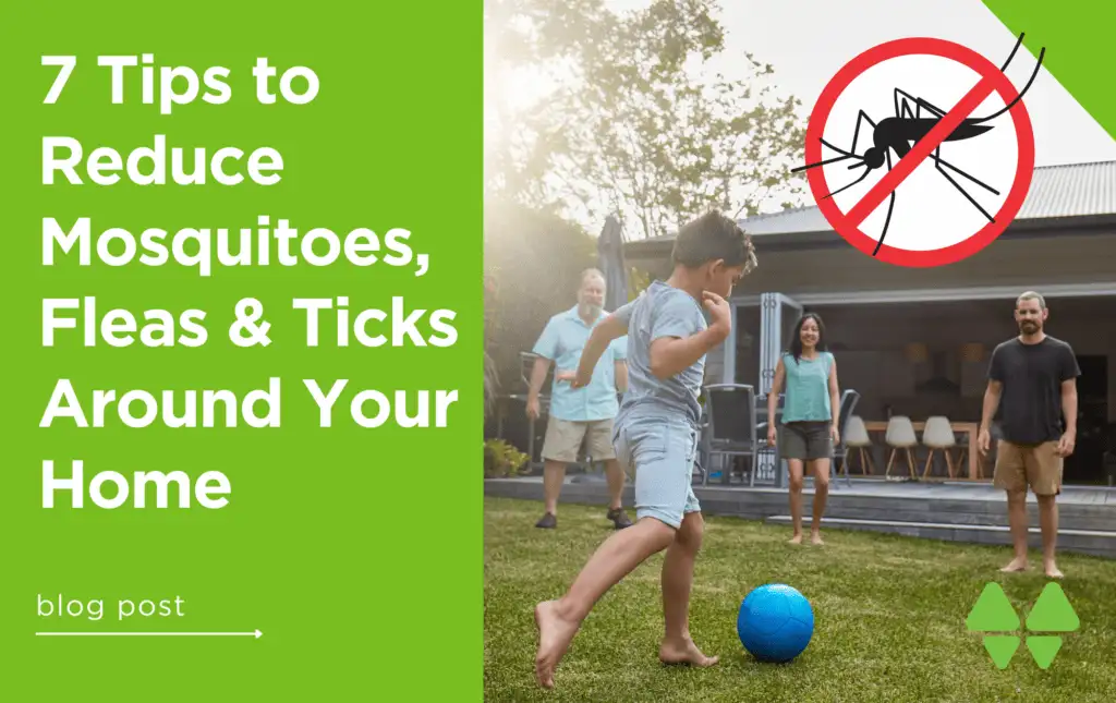 Child kicking a blue soccer ball in a backyard with family, overlaid no-mosquito symbol and green text panel reading '7 Tips'