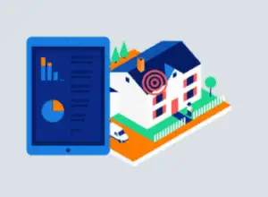 Tablet displaying analytics beside a stylized house with a target marker, driveway, car and fenced yard