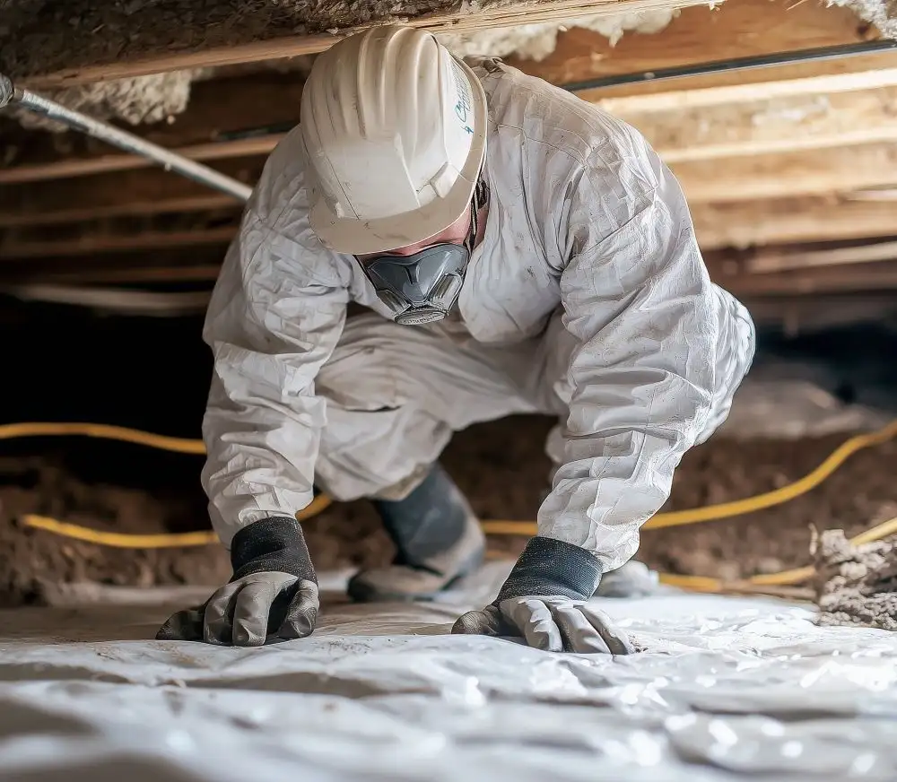 Worker in white protective suit, hard hat, and respirator installing white vapor barrier in a crawl space