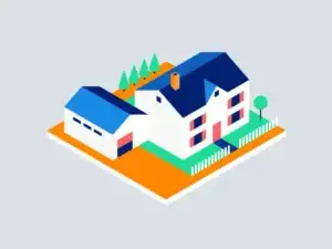 Isometric illustration of a two-story house with attached garage, fenced yard, trees, and walkway