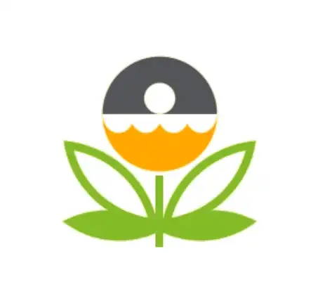Stylized circular flower icon with gray upper semicircle, yellow scalloped lower half and three green leaves