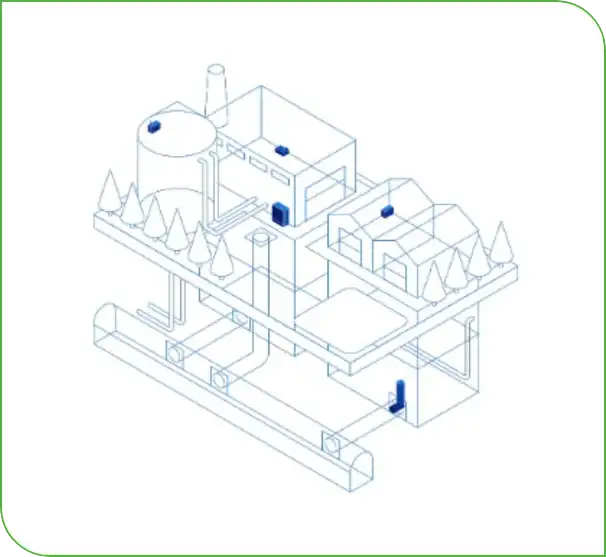 Isometric line drawing of industrial buildings, a storage tank, trees and connected underground pipes
