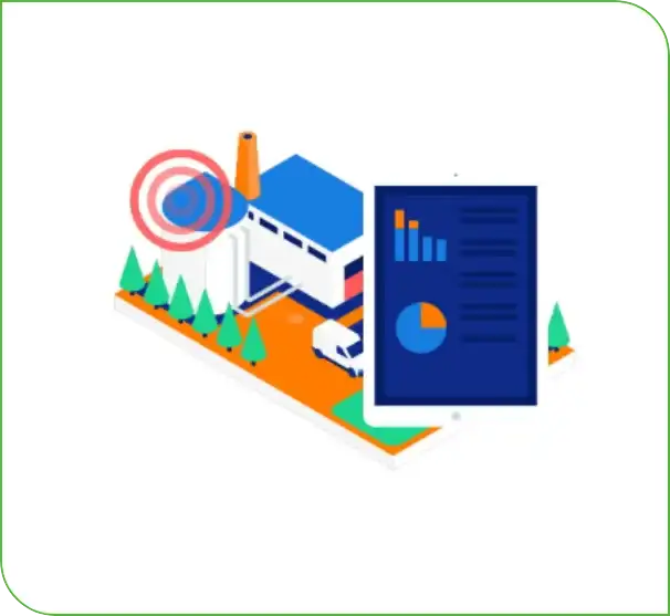Isometric illustration of a building with trees and truck, a target marker, and a tablet displaying charts
