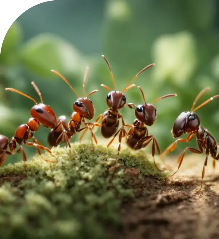 Close-up of red ants lined along a mossy log with a blurred green background