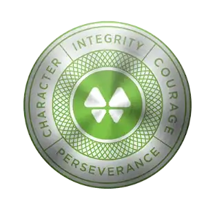 Green and silver circular emblem with four-petal symbol; Character Integrity Courage Perseverance — Waynes Pest Control logo