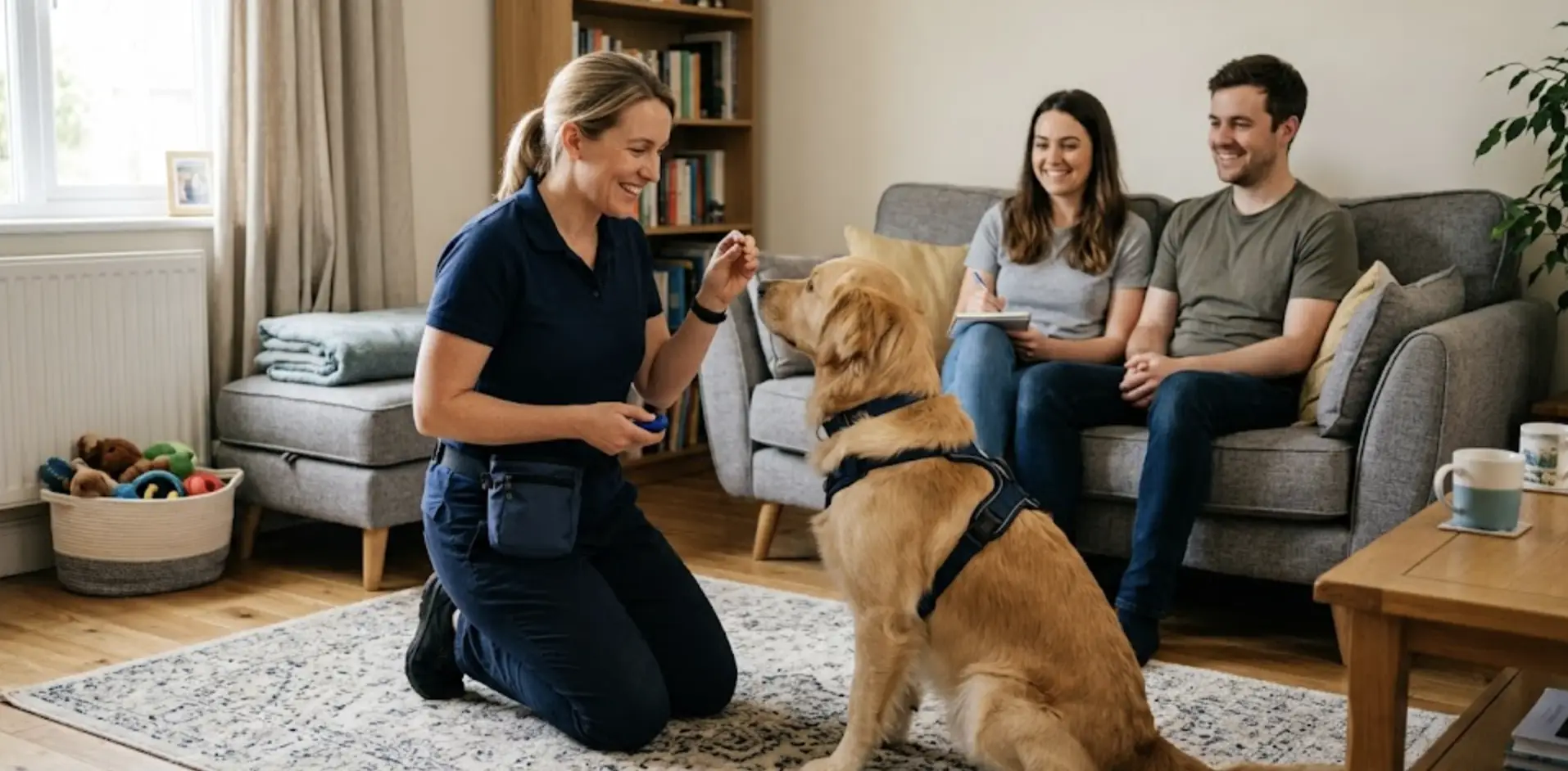 Dog trainer working with a golden retriever in a family living room